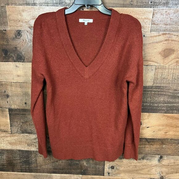 Madewell Bartlett V Neck Pullover Sweater Wool Blend Burnished Orange XS - Picture 9 of 14